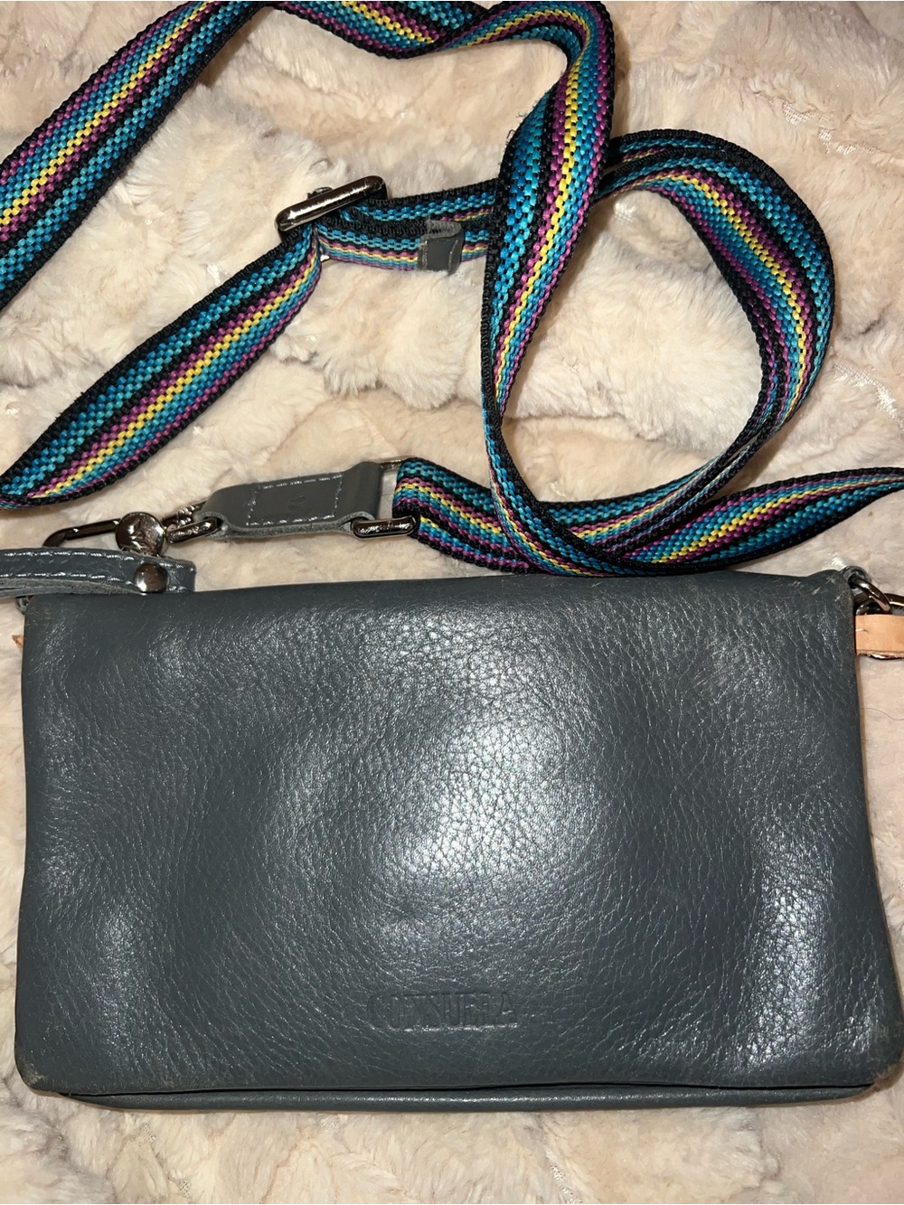 Consuela Dark Gray Leather Crossbody with Multicolor Interior Accents